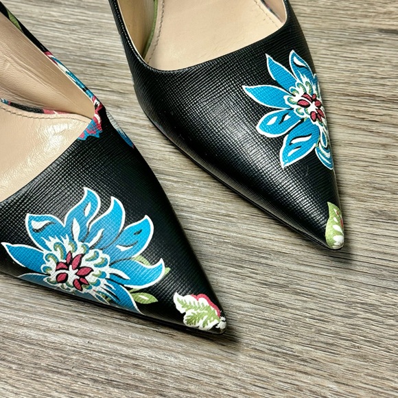 Prada St Ramage Black Floral Print Saffiano Leather Stiletto High Heels 7.5 37.5 - Picture 6 of 12